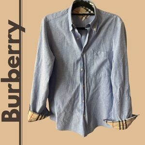 Burberry: Light Blue + Checked Collar Dress Shirt, Size Medium.